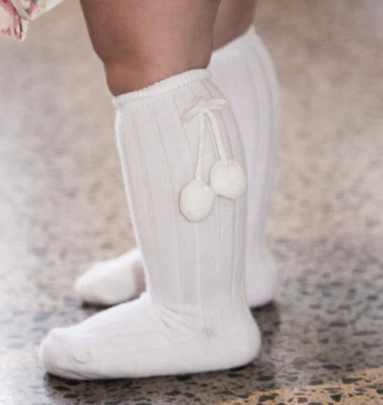 White Pom Pom Knee High Socks