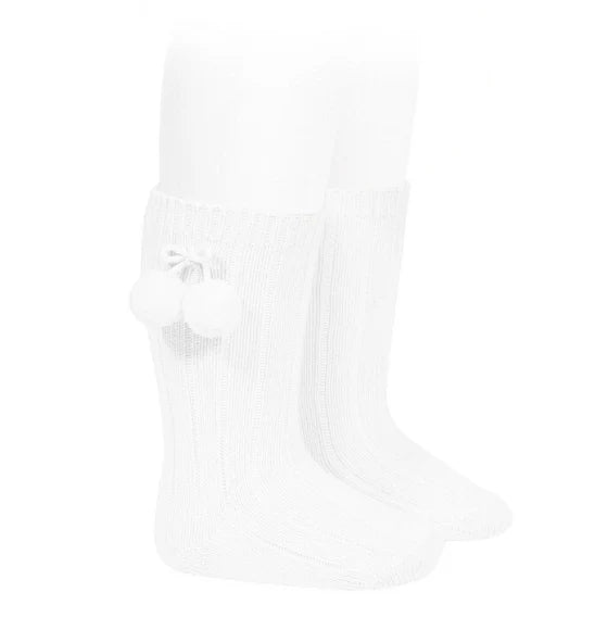 White Pom Pom Knee High Socks