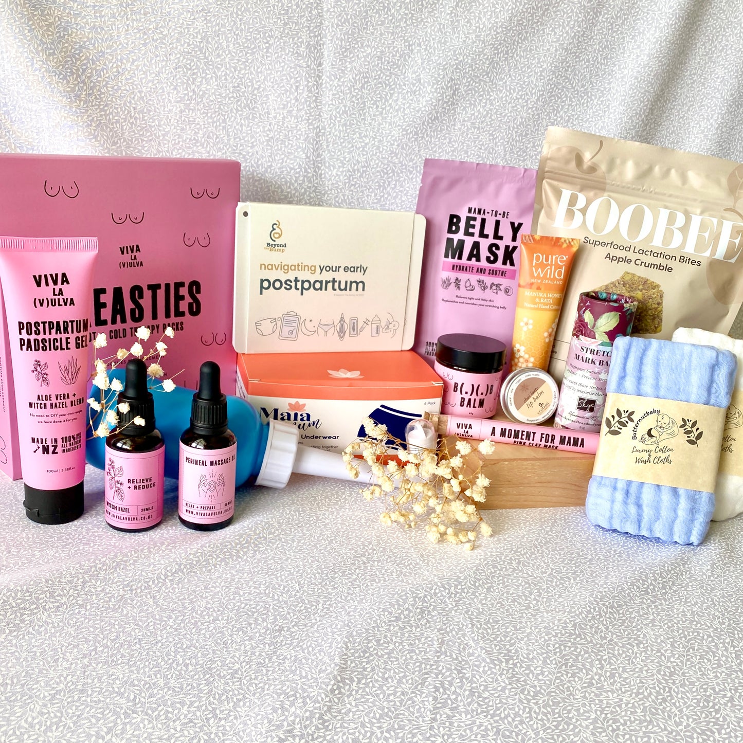 A gorgeous combination of postpartum preparation items for new mums