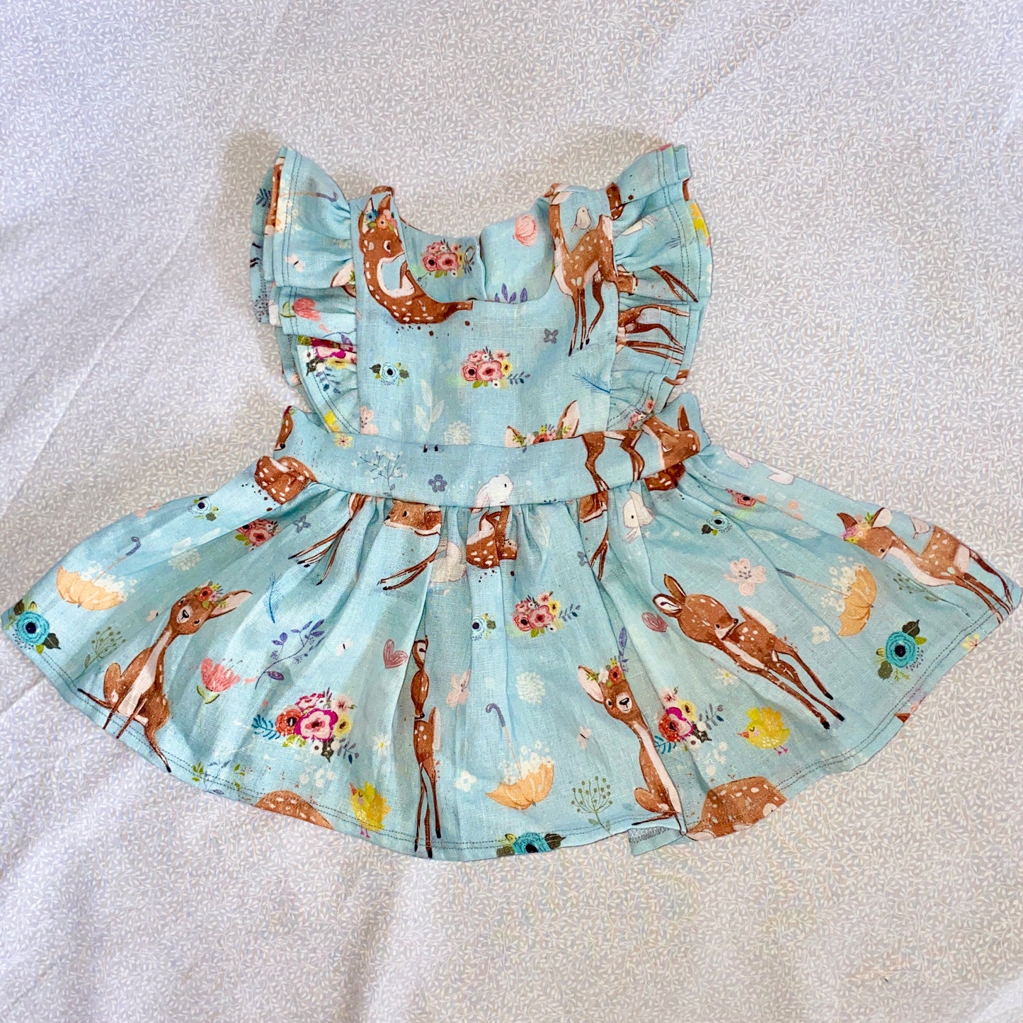 Blue Pinafore baby dress with deer and bunnies