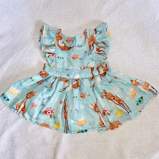 Blue Pinafore baby dress with deer and bunnies